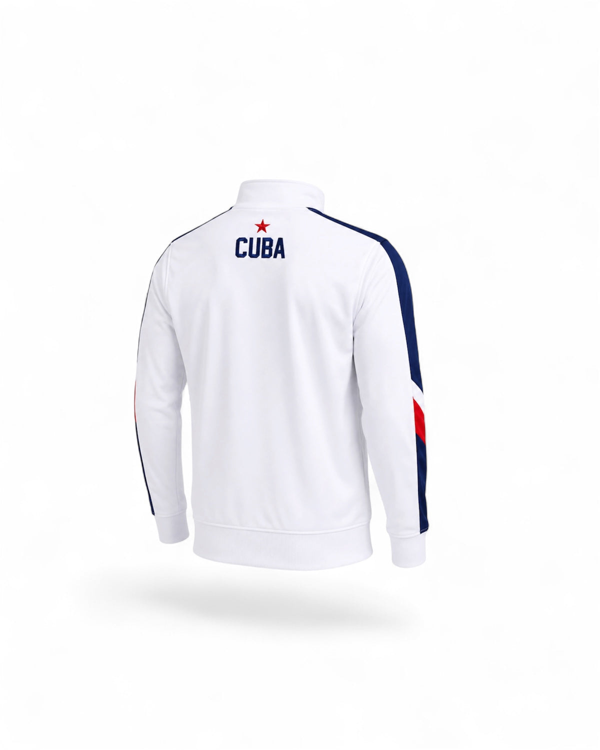 White long-sleeve track jacket shown from the back, featuring 'CUBA' in navy blue text with a red star above it on the upper back, and navy and red stripe accents down the sleeves.