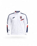A white Joma track jacket with navy and red accents, featuring a zip-up front, mock neck, and team crest on the left chest.