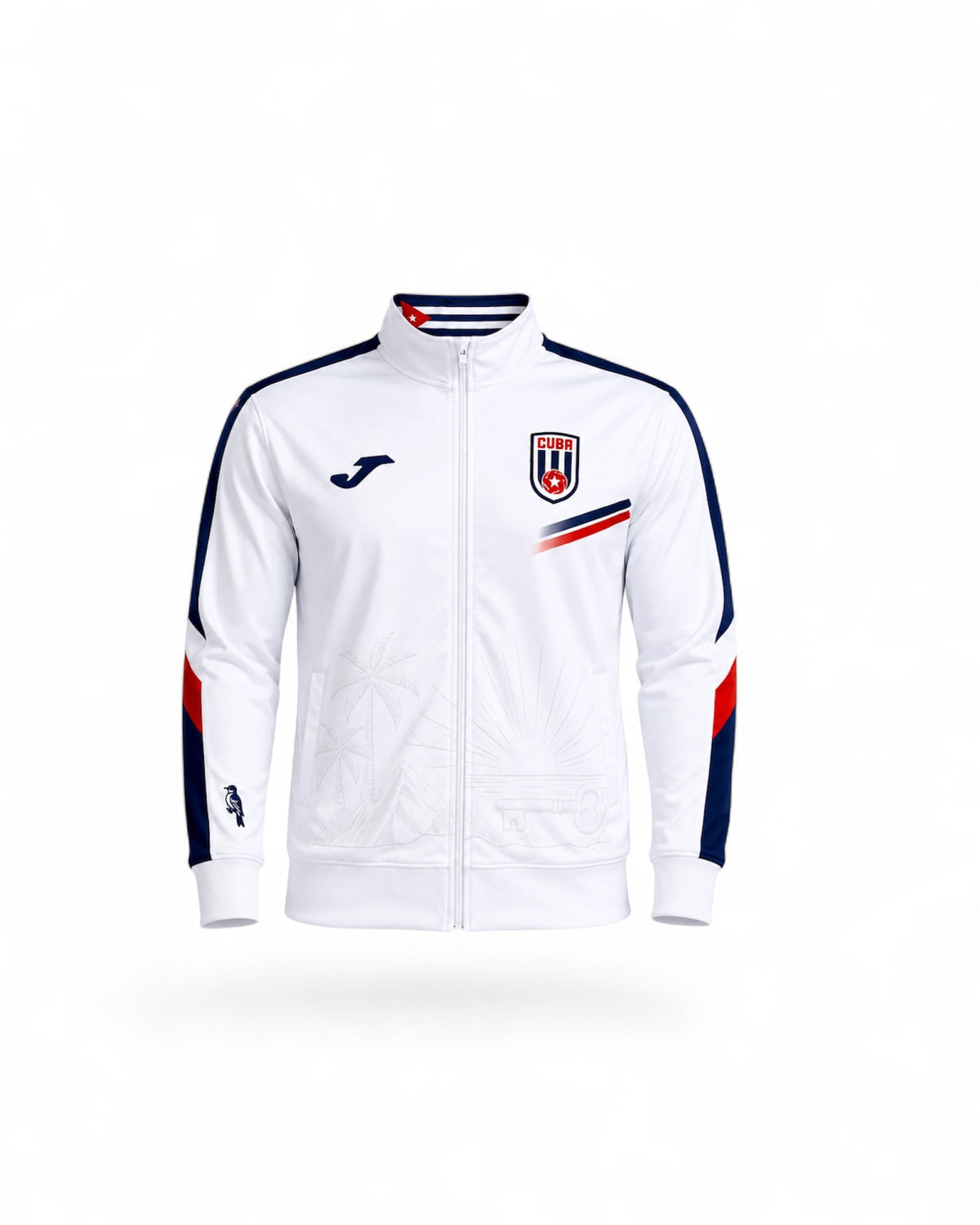 A white Joma track jacket with navy and red accents, featuring a zip-up front, mock neck, and team crest on the left chest.